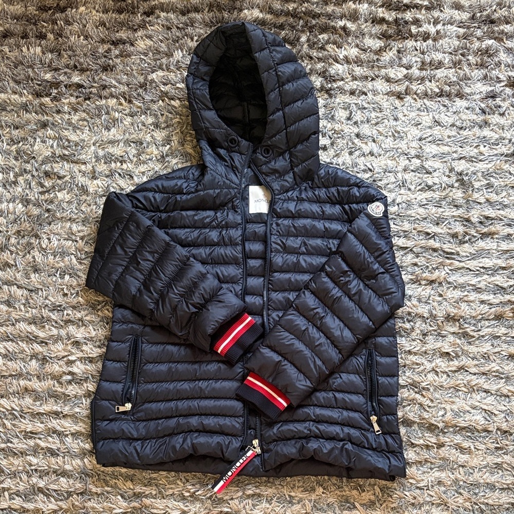 Moncler Navy Blue Light Weight Hooded Down Jacket with Logo Red Accent Size 2